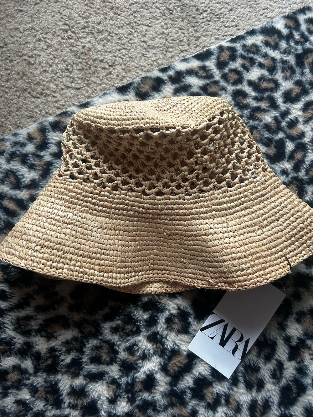 ZARA NWT Raffia Crochet Wide Brim Bucket Hat Natural Size M